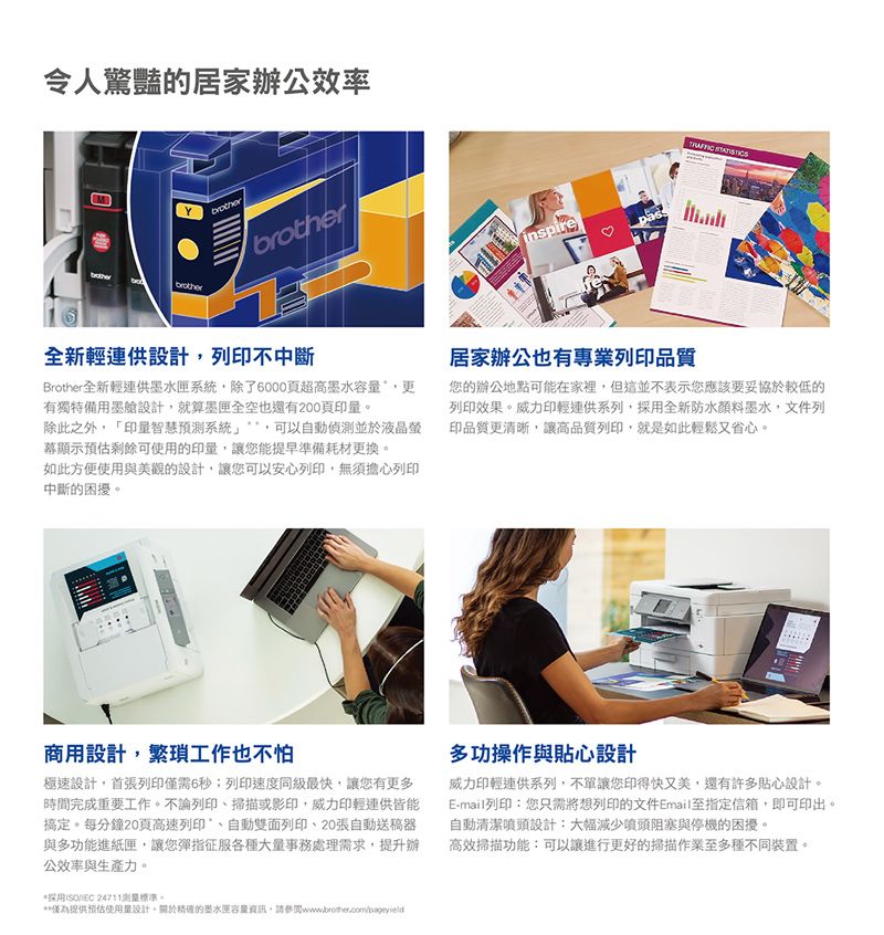 令人驚豔的居家辦公效率brotherbrotherbrother全新輕連供設計列印不中斷inspire Brother全新輕連供墨水匣系統除了6000超高墨水容有獨特備用墨艙設計,就算墨匣全空也還有200頁印量除此之外,「印量智慧系統,可以自動偵測並於液晶螢幕顯示預估剩餘可使用的印量,讓您能提早準備耗材更換。如此方便使用與美觀的設計,讓您可以安心列印,無須擔心列印中斷的困擾。居家辦公也有專業列印品質您的辦公地點可能在家裡,但這並不表示您應該要妥協於較低的列印效果。威力印輕連供系列,採用全新防水顏料墨水,文件列印品質更清晰,讓高品質列印,就是如此輕鬆又省心。商用設計,繁瑣工作也不怕極速設計,首張列印僅需6秒;列印速度同級最快,讓您有更多時間完成重要工作。不論列印掃描或影印,威力印輕連供皆能搞定。每分鐘20頁高速列印、自動雙面列印、20張自動送稿器與多功能進紙匣,讓您彈指征服各種大量事務處理需求,提升辦公效率與生產力。*採用IEC 24711測量標準。**僅為提供預估使用量設計。關於精確的墨水匣容量資訊,請參閱多功操作與貼心設計威力印輕連供系列,不單讓您印得快又美,還有許多貼心設計。E-mail列印:您只需將想列印的文件Email至指定信箱,即可印出。自動清潔設計:大幅減少噴頭阻塞與停機的困擾。高效掃描功能:可以讓進行更好的掃描作業至多種不同裝置。