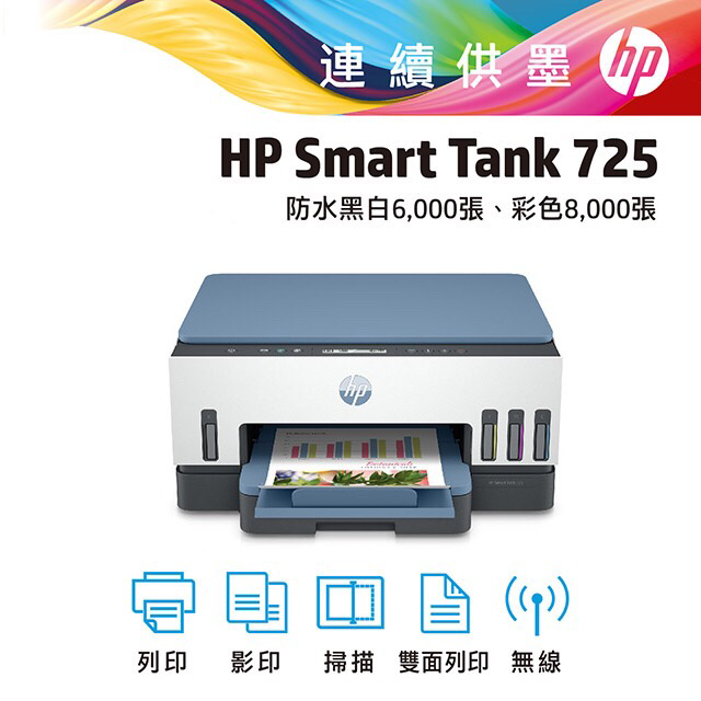 HP 惠普  Smart Tank 725 三合一多功能 自動雙面無線連供印表機+一組四色墨水