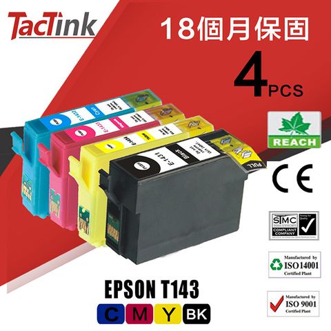 TacTink EPSON 相容墨水匣 T143 (黑/藍/紅/黃)4入組盒包 適用ME Office 82WD/85ND/900WD/940FW/960FWD Workforce WP-7011/7