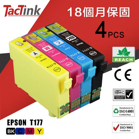 【TacTink】Epson T177 (黑/藍/紅/黃)4入組裝包 相容墨水匣 適用Expression Home XP-30/102/202/302/402/225/422