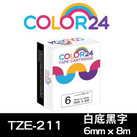 【Color24】for Brother TZ-211 / TZe-211 白底黑字相容標籤帶(寬度6mm) 適用：PT-300/1100/1280/1280KT/1280SN/1400/1650/1950/2100VP/2420PC/2430PC/2700/2700TW/2730/3600/7600/9500PC/9600/9700PC/9800PCN/D200/D200HK/D200SN/D200RK/D200KT/D200LB/D200DR