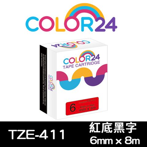 【Color24】for Brother TZ-411/TZe-411 紅底黑字相容標籤帶(寬度6mm) 適用：PT-300/1100/1280/1280KT/1280SN/1400/1650/1950/2100VP/2420PC/2430PC/2700/2700TW/2730/3600/7600/9500PC/9600/9700PC/9800PCN/D200/D200HK/D200SN/D200RK/D200KT/D200LB/D200DR