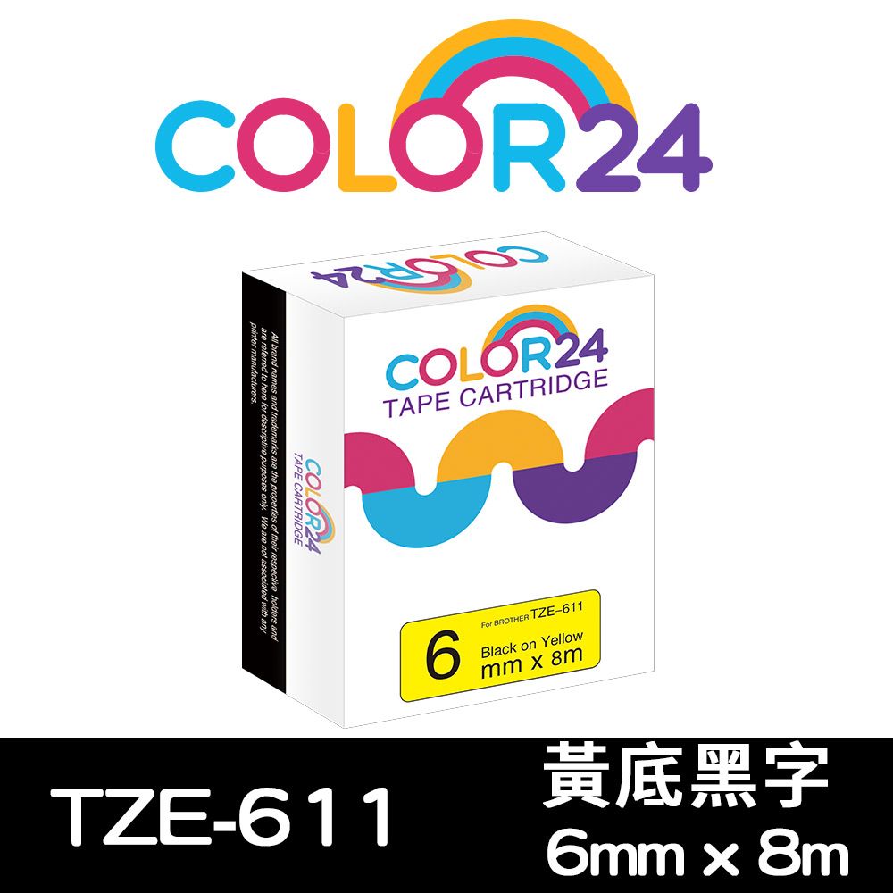 Color24 for Brother TZ-611 / TZe-611 黃底黑字相容標籤帶(寬度6mm)