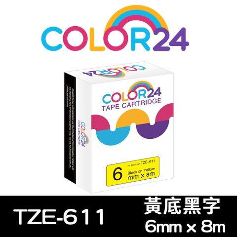 【Color24】for Brother TZ-611 / TZe-611 黃底黑字相容標籤帶(寬度6mm) 適用：PT-300/1100/1280/1280KT/1280SN/1400/1650/1950/2100VP/2420PC/2430PC/2700/2700TW/2730/3600/7600/9500PC/9600/9700PC/9800PCN/D200/D200HK/D200SN/D200RK/D200KT/D200LB/D200DR