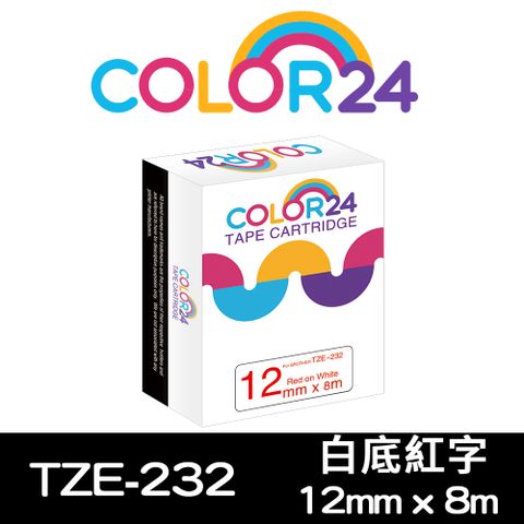 【Color24】for Brother TZ-232 / TZe-232 白底紅字相容標籤帶(寬度12mm) 適用：PT-180/300/1100/1280/1280KT/1280SN/1400/1650/1950/2100VP/2420PC/2430PC/2700/2700TW/2730/3600/7600/9500PC/9600/9700PC/9800PCN/D200/D200HK/D200SN/D200RK/D200KT/D200LB/D200DR