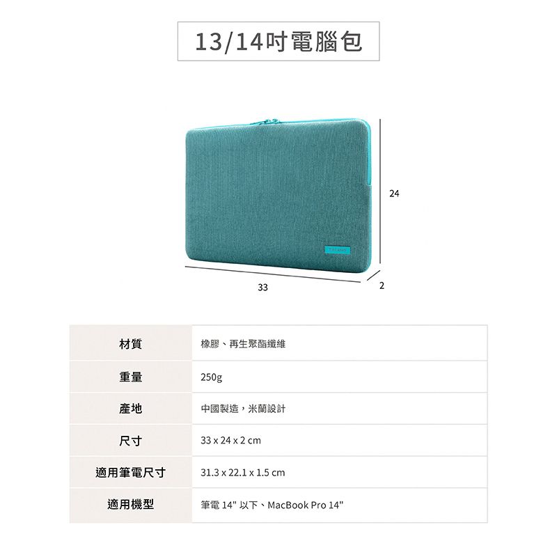 13/14電腦包3324材質橡膠、再生聚酯纖維重量250g產地中國製造,米蘭設計尺寸33  24 x 2 cm適用筆電尺寸31.3 x 22.1 x 1.5 cm適用機型筆電 14 以下、MacBook Pro 14