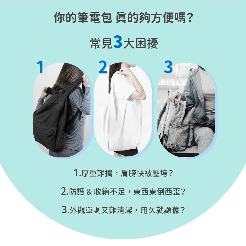 你的筆電包 的夠方便嗎?常見3大困擾231.厚重難攜,肩膀快被壓垮?2.防護&收納不足,東西東倒西歪?3.外觀單調又難清潔,用久就顯舊?
