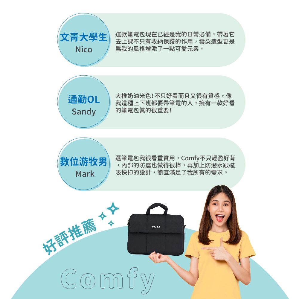 大學生Nico這款筆電現在已經是我的日常必備帶著它去上課不只有收納保護的作用,造型更是我的風格增添了一點可愛元素。通勤OLSandy大推奶油米色!不只好看而且又很有質感,像我這種上下班都要帶筆電的人,擁有一款好看的筆電包很重要!位游牧男Mark好評推薦 ¤選筆電包我很看重實用,Comfy不只輕盈好背,內部的防震也做得很棒,再加上防潑水跟磁吸快扣的設計,簡直滿足了我所有的需求。Comfy