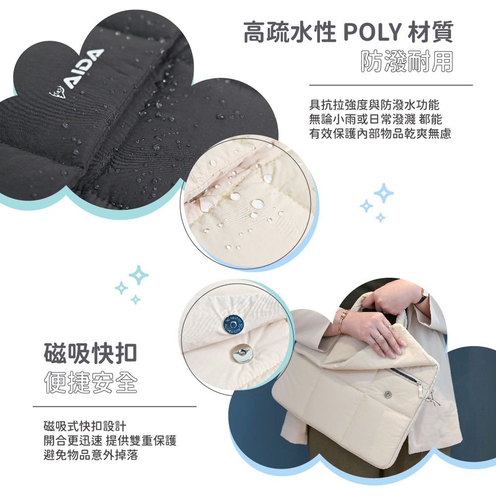 高疏水性 POLY 材質防耐用具抗拉強度與防潑水功能無論小雨或日常潑濺 都能有效保護內部物品乾爽無慮磁吸快扣便捷安全磁吸式快扣設計開合更迅速 提供雙重保護避免物品意外掉落