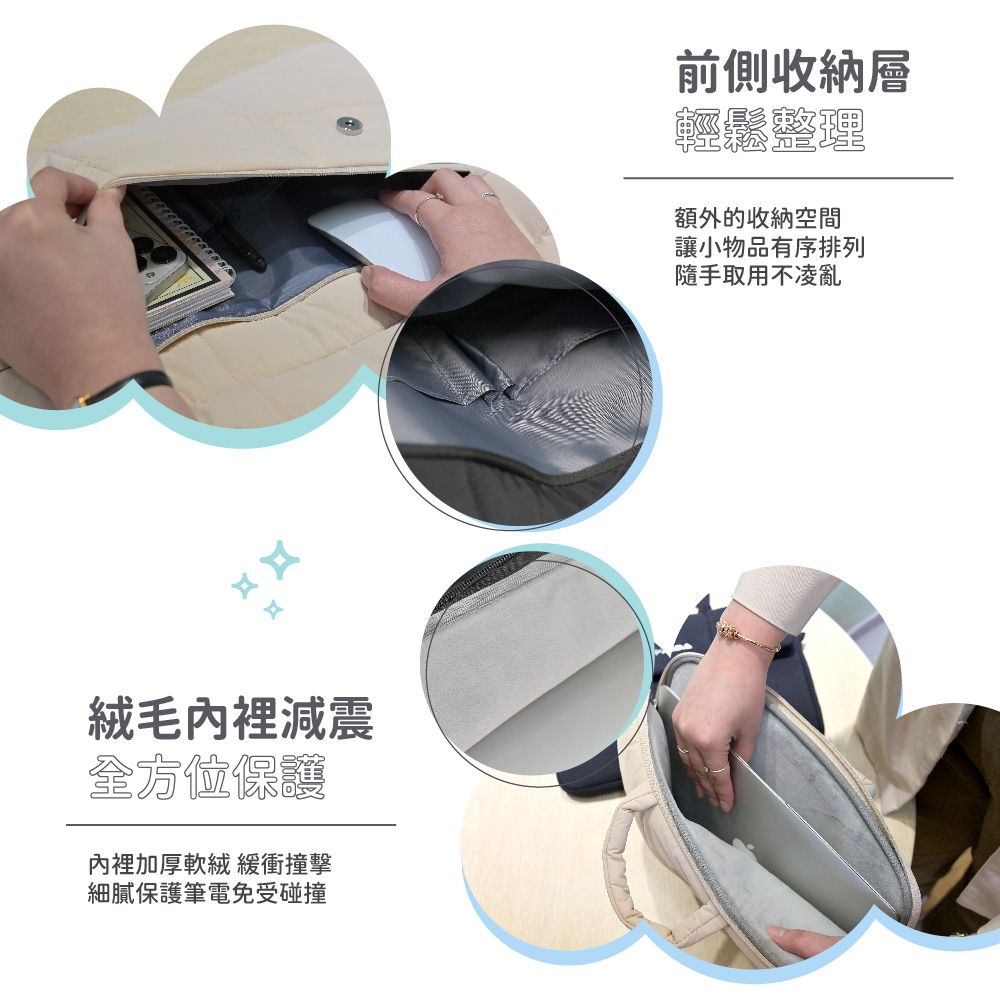 毛裡減震全方位保護內裡加厚軟絨 緩衝撞擊細膩保護筆電免受碰撞前側收納層輕鬆整理額外的收納空間讓小物品有序排列隨手取用不凌亂