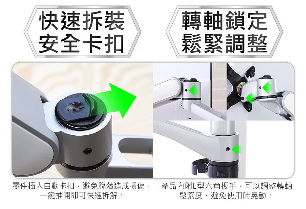 快速安全卡扣轉軸鎖定鬆緊調整零件插入自動卡扣避免脫落造成損傷,產品內附L型六角板手,可以調整轉軸一鍵推開即可快速拆解。鬆緊度,避免使用時晃動。