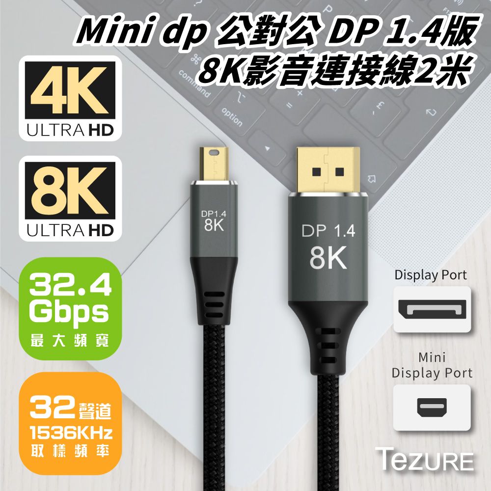 TeZURE Mini dp 公對公 DP 1.4版 8K影音連接線2米