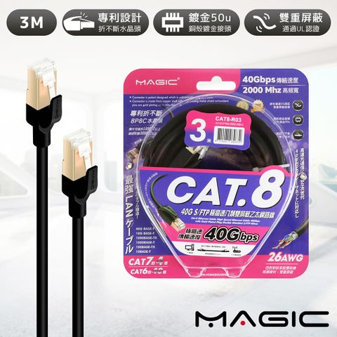 MAGIC Cat.8 40G S/FTP 26AWG極高速八類雙屏蔽乙太網路線-3米