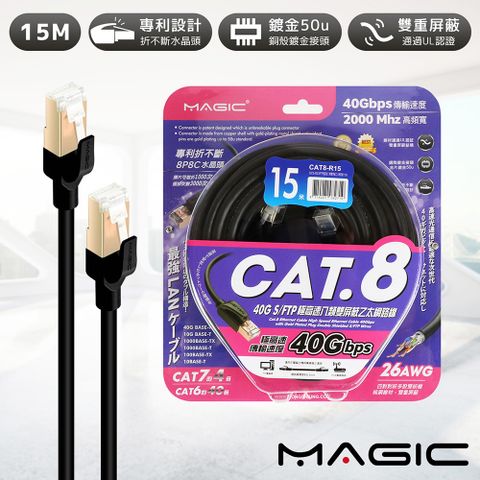 MAGIC Cat.8 40G S/FTP 26AWG極高速八類雙屏蔽乙太網路線-15米