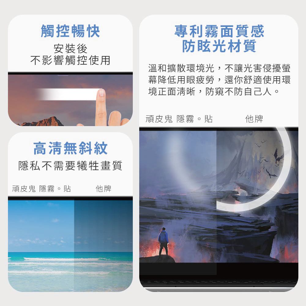 觸控暢快安裝後專利霧面質感防眩光材質不影響觸控使用溫和擴散環境光,不讓光害侵擾螢幕降低用眼疲勞,還你舒適使用環境正面清晰,防窺不防自己人。頑皮鬼 隱霧。貼他牌高清無斜紋隱私不需要犧牲畫質頑皮鬼 隱霧。貼他牌