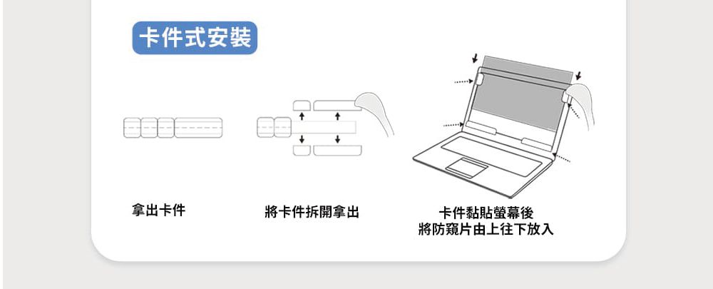 卡件式安裝拿出卡件將卡件拆開拿出卡件黏貼螢幕將防窺片由上往下放入
