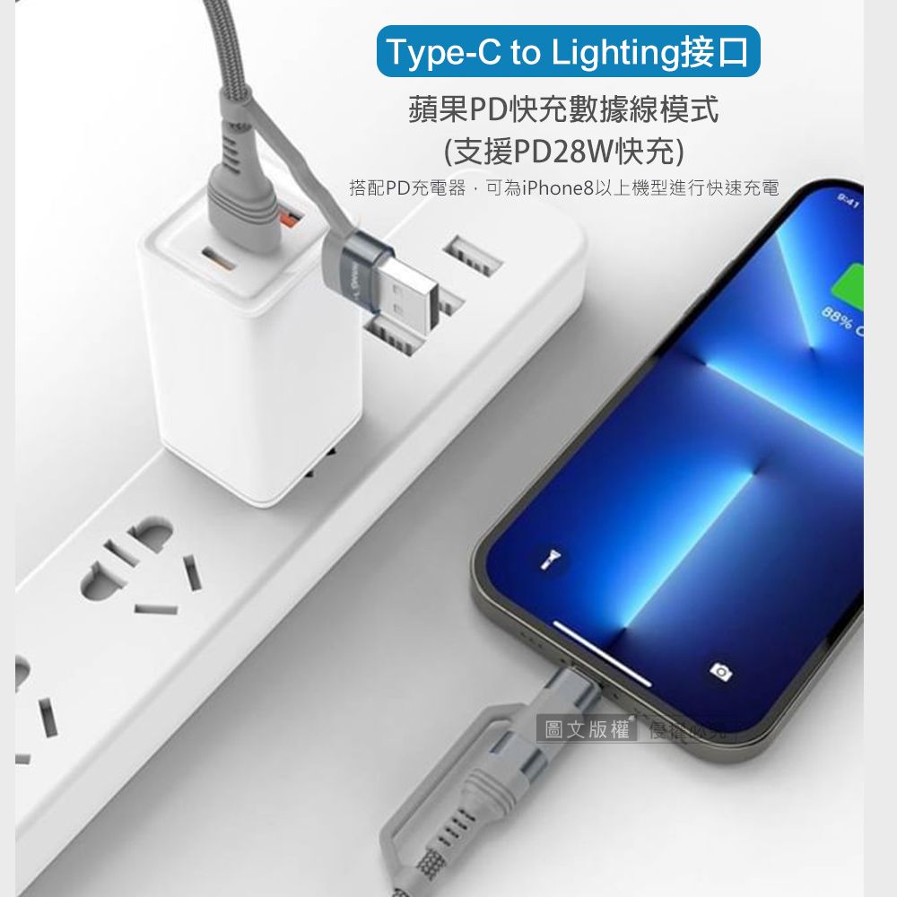 Type- to Lighting接口蘋果PD快充數據線模式(支援PD28W快充)搭配PD充電器可為iPhone8以上機型進行快速充電圖文版權% C
