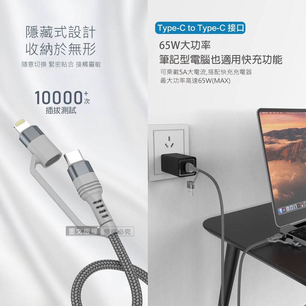 隱藏式設計收納於無形隨意切換 緊密貼合 接觸靈敏Type-C to Type-C 接口65W大功率筆記型電腦也適用快充功能可乘載5A大電流,搭配快充充電器最大功率高達65W(MAX)10000插拔測試圖文版權侵權必究