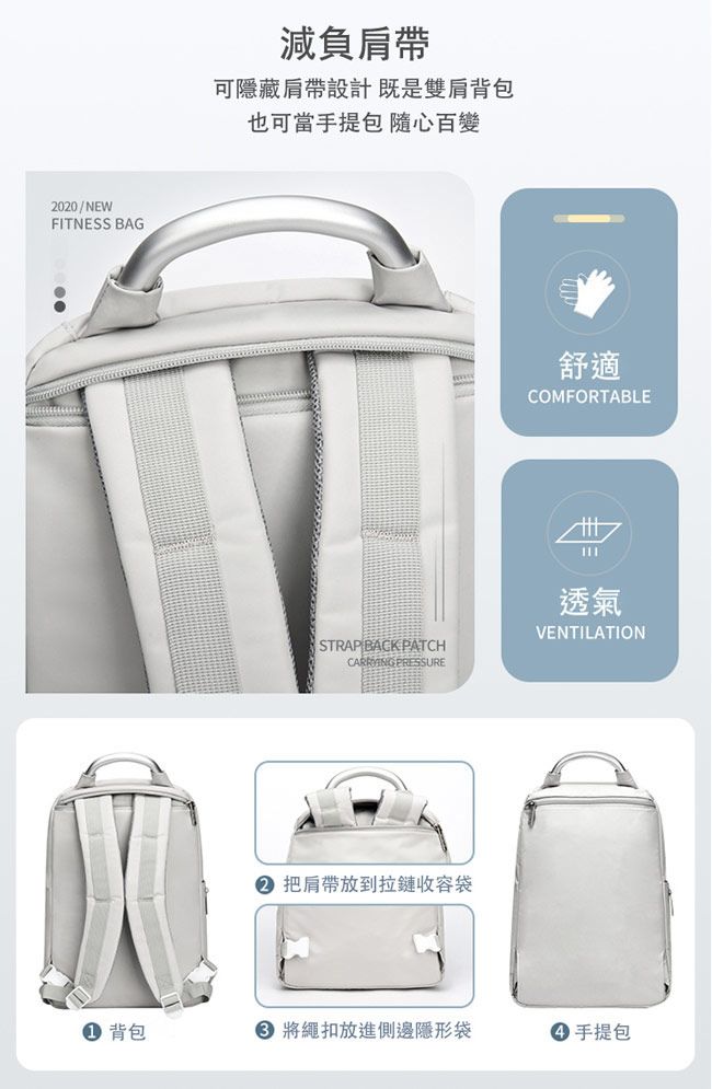 2020/NEWFITNESS BAG減負肩帶可隱藏肩帶設計既是雙肩背包也可當手提包隨心百變舒適COMFORTABLESTRAP BACK PATCH PRESSURE透氣VENTILATION 把肩帶放到拉鏈收容袋 背包 將繩扣放進側邊隱形袋 手提包