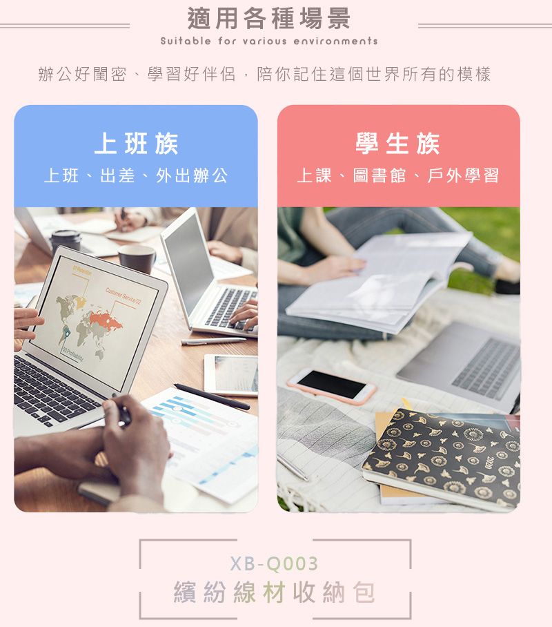 適用各種場景Suitable for various environments辦公好閨密、學習好伴侶,陪你記住這個世界所有的模樣上班族學生族上班、出差、外出辦公上課、圖書館、戶外學習  XB-Q003繽紛線材收納包