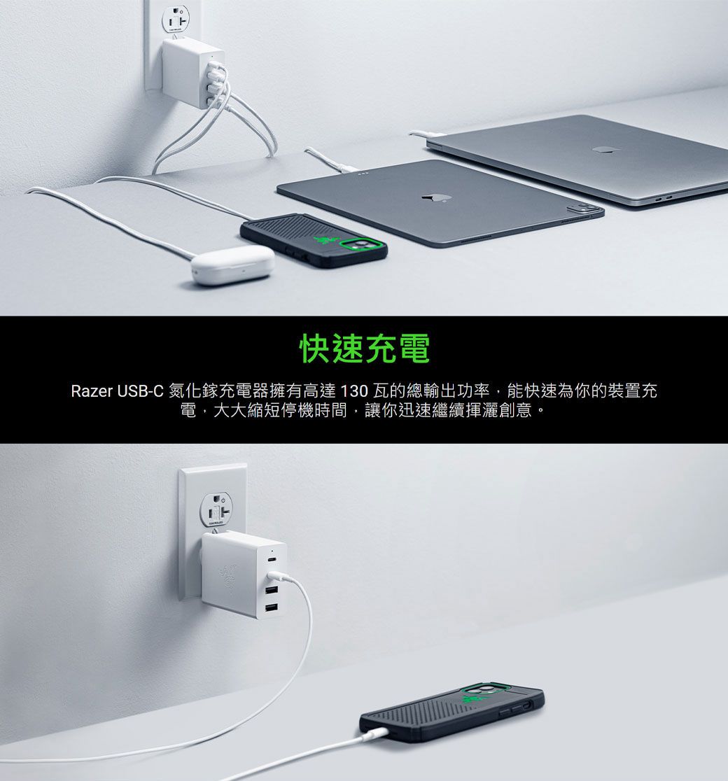 快速充電Razer USB-C 氮化鎵充電器擁有高達130瓦的總輸出功率,能快速為你的裝置充電,大大縮短停機時間,讓你迅速繼續揮灑創意。