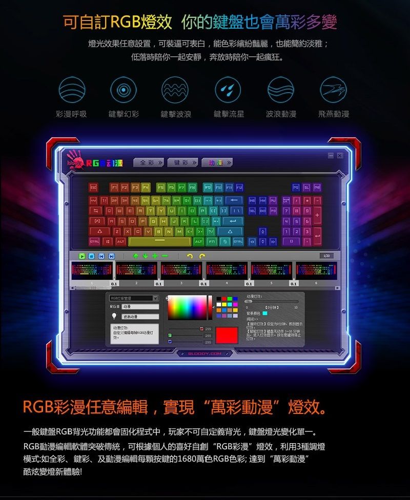 可自訂RB燈 你的鍵盤也會萬彩多變燈光效果任意設置可裝逼可表白,能色彩繽紛豔麗,也能簡約淡雅;低落時陪你一起安靜,奔放時陪你一起瘋狂彩漫呼吸 鍵幻彩 鍵擊波浪鍵擊流星波浪動漫飛燕動漫G 全彩). RGB效。1 2 30【循环效分钟,即刻显示[+[]]RGB彩漫任意編輯,實現萬彩動漫”燈效。一般鍵盤RGB背光功能都會固化程式中,玩家不可自定義背光,鍵盤燈光變化單一。RGB動漫編輯軟體突破傳統,可根據個人的喜好自創“RGB彩漫”燈效,利用3種調燈模式:如全彩鍵彩、及動漫編輯每顆按鍵的1680萬色RGB色彩;達到“萬彩動漫”酷炫變燈新體驗!