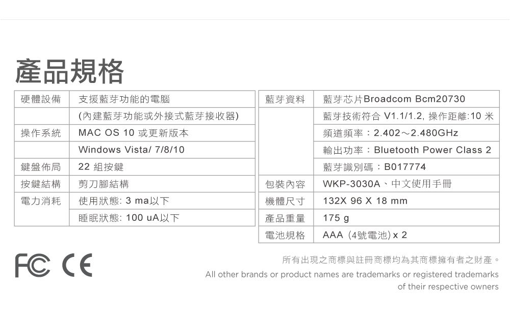 產品規格硬體設備支援藍芽功能的電腦藍芽資料藍芽芯片Broadcom Bcm20730(內建藍芽功能或外接式藍芽接收器)操作系統MAC OS 10或更新版本藍芽技術符合 V1.1/1.2操作距離:10米頻道頻率:2.402~2.480GHzWindows Vista/7/8/10鍵盤佈局22 組按鍵輸出功率:Bluetooth Power Class 2藍芽識別碼:B017774按鍵結構剪刀腳結構電力消耗使用狀態:3ma以下包裝內容機體尺寸WKP-3030A、中文使用手冊132X 96 X 18 mm睡眠狀態:100uA以下產品重量175  電池規格 AAA(4號電池)所有出現之商標與註冊商標均為其商標擁有者之財產。All other brands or product names are trademarks or registered trademarksof their respective owners