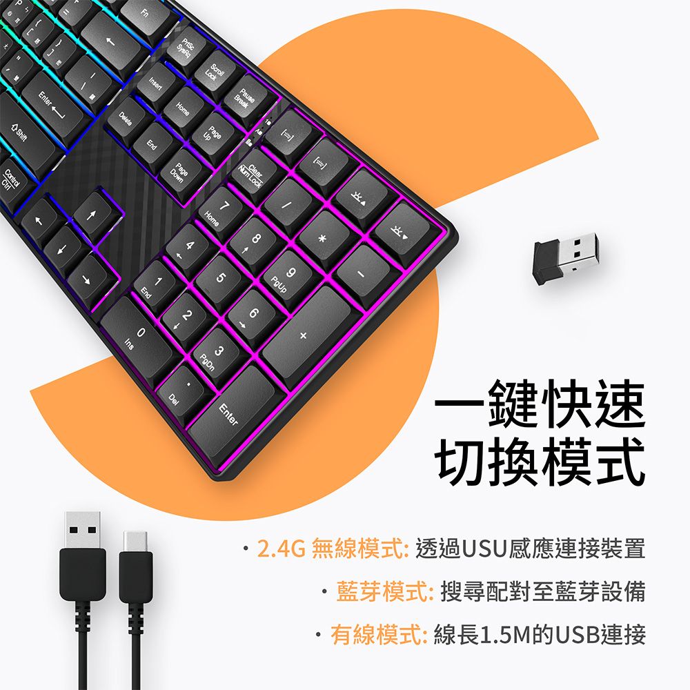 Enter ShiftControlInsertHomePauseEnd89DownHomePgUp41End52一鍵快速切換模式2.4G 無線模式:透過USU感應連接裝置藍芽模式:搜尋配對至藍芽設備3PgDnEnter有線模式:線長1.5M的USB連接