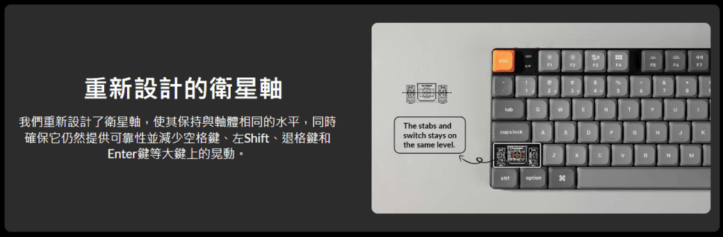重新設計的衛星軸我們重新設計了衛星軸,使其保持與軸體相同的水平,同時確保它仍然提供可靠性並減少空格鍵、左Shift、退格鍵和Enter鍵等大鍵上的晃動The ss andtab。switch stays onAthe same level.option