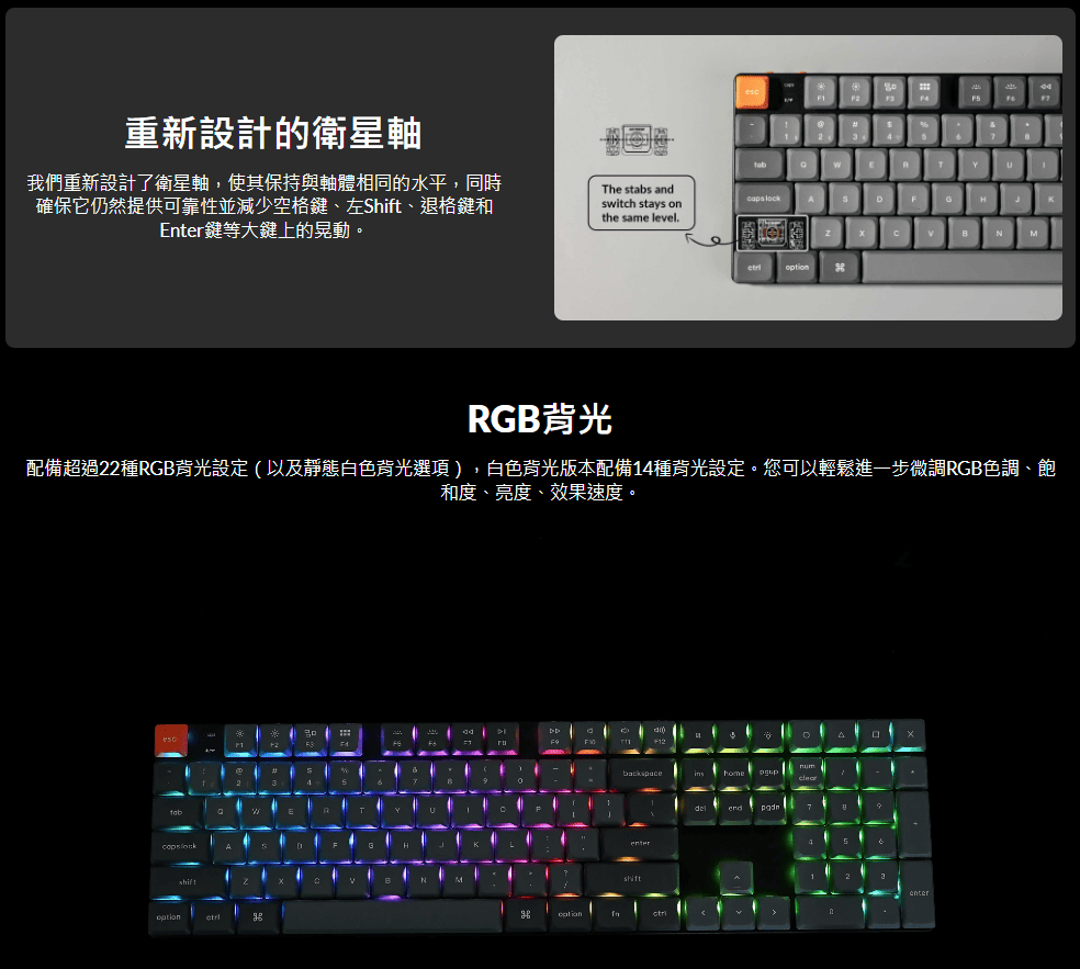 重新設計的衛星軸我們重新設計了衛星軸,使其保持與軸體相同的水平,同時確保它仍然提供可靠性並減少空格鍵、左Shift、退格鍵和Enter鍵等大鍵上的晃動。The stabs and switch stays onAthe same level.RGB背光配備超過22種RGB背光設定(以及靜態白色背光選項),白色背光版本配備14種背光設定。您可以輕鬆進一步微調RGB色調、飽和度、亮度、效果速度。