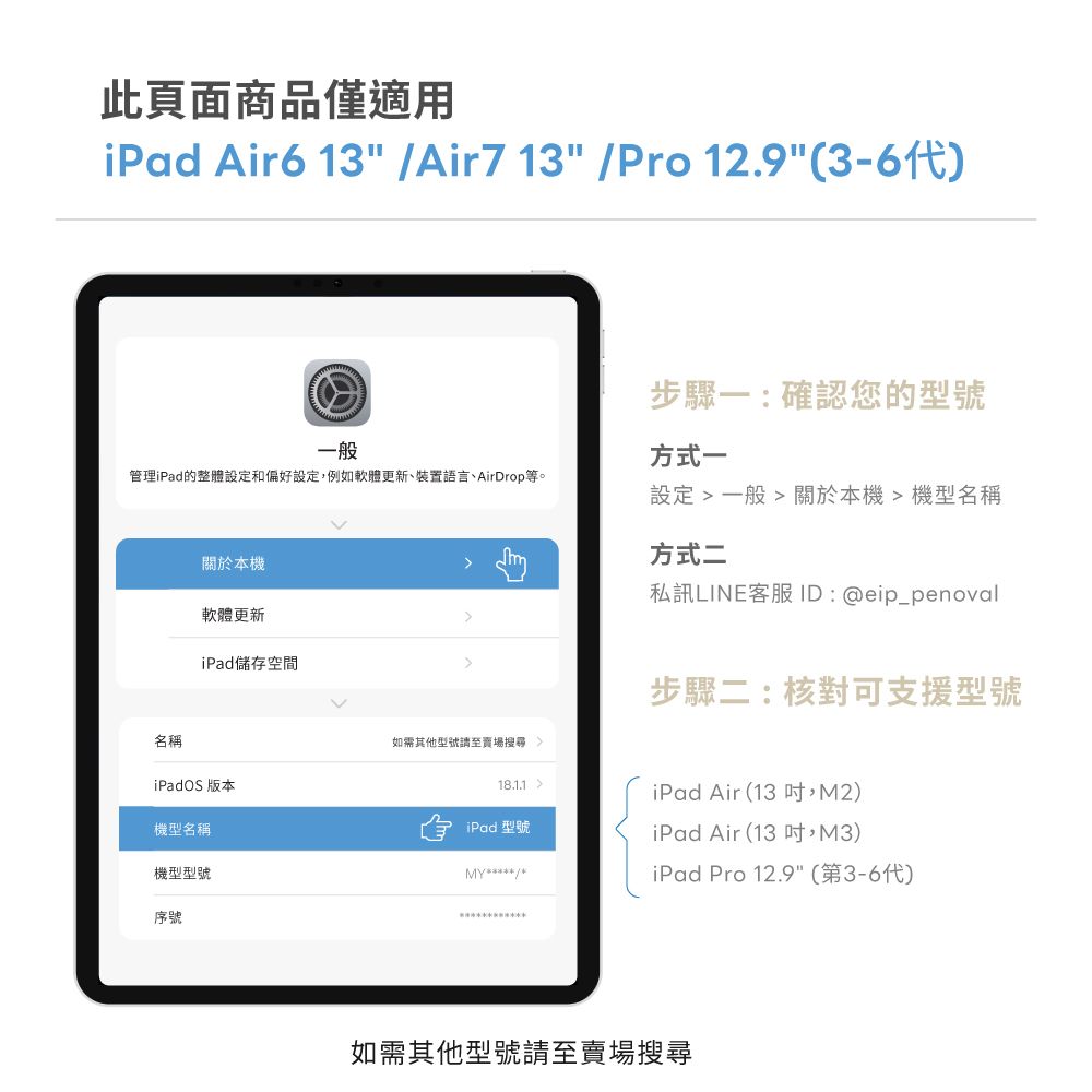 此頁面商品僅適用iPad Air6 13 Air7 13 /Pro 12.93-6代步驟一:確認您的型號一般方式一管理iPad的整體設定和偏好設定,例如軟體更新、裝置語言、AirDrop等。設定  一般  關於本機機型名稱關於本機軟體更新iPad儲存空間方式二私訊LINE客服 : @eip_penoval步驟二:核對可支援型號名稱如需其他型號至賣場iPadOS 版本18.1.1機型名稱iPad 型號機型型號/iPad Air(13,M2)iPad Air(13 ,M3)iPad Pro 12.9 (第3-6代)序號如需其他型號請至賣場搜尋