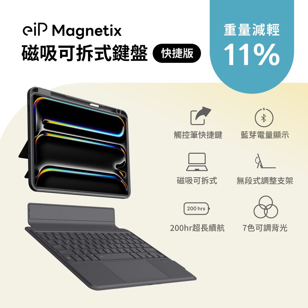 eiP Magnetix 磁吸可拆式iPad鍵盤 Pro 11吋 快捷版(適用iPad Pro 11吋 2024新款 巧控 妙控藍牙鍵盤)