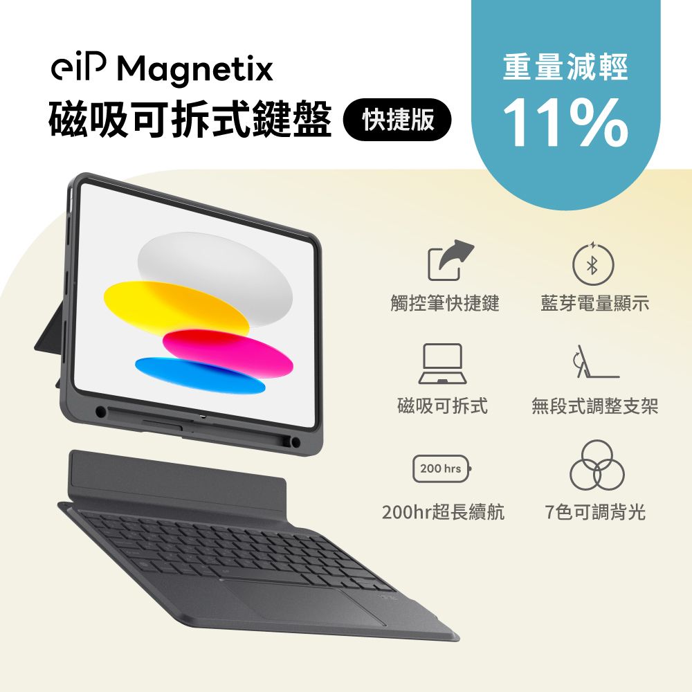 eiP Magnetix 磁吸可拆式iPad鍵盤 Air 11吋 快捷版(適用iPad 10、Air 4/5/6、Pro11吋 (1-4代) 2023以前 )