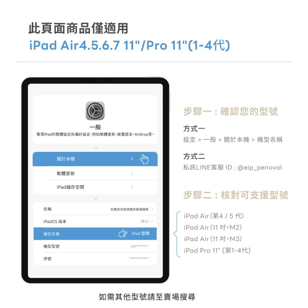 此頁面商品僅適用iPad Air4.5.6.7 11Pro 11(步驟一:確認您的型號一般方式一管理iPad的整體設定和偏好設定,例如軟體更新、裝置語言、AirDrop等。設定  一般  關於本機機型名稱關於本機軟體更新iPad儲存空間方式二私訊LINE客服 : @eip_penoval步驟二:核對可支援型號名稱如需其他型號至賣場iPad Air(第4/5代)iPadOS 版本18.1.1機型名稱iPad 型號機型型號/iPad Air(11,M2)iPad Air(11,M3)iPad Pro 11 (第1-4代)序號如需其他型號請至賣場搜尋