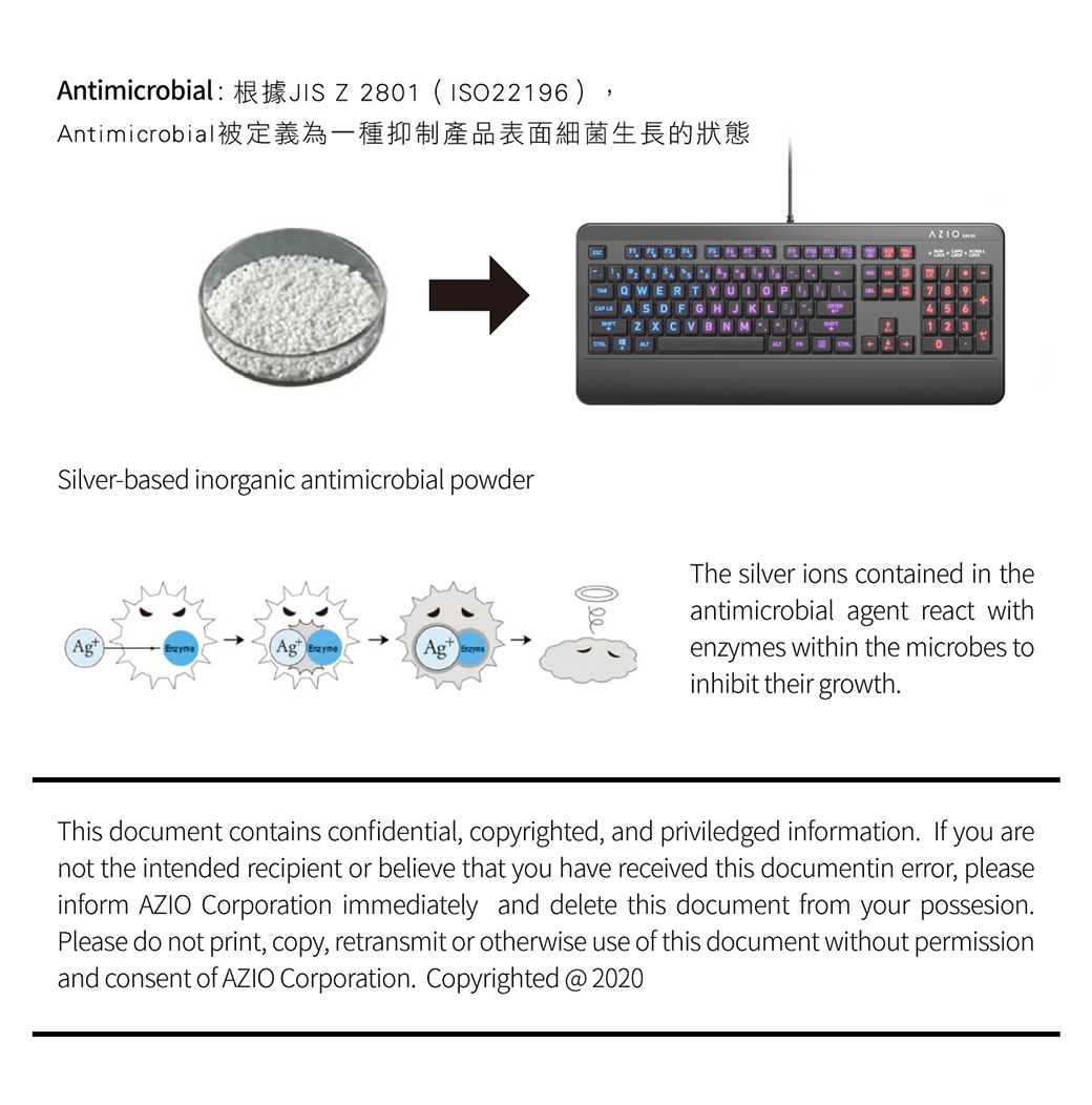 Antimicrobial   2801 (ISO22196)Antimicrobial被定義為一種抑制產品表面細菌生長的狀態Silver-based inorganic antimicrobial powderAgAg  YUIOPGHJKLVBNMThe silver ions contained in theantimicrobial agent react withenzymes within the microbes toinhibit their growthThis document contains confidential, copyrighted, and priviledged information If you arenot the intended recipient or believe that you have received this documentin error, pleaseinform AZIO Corporation immediately and delete this document from your possesionPlease do not print, copy, retransmit or otherwise use of this document without permissionand consent of AZIO Corporation. Copyrighted @ 2020