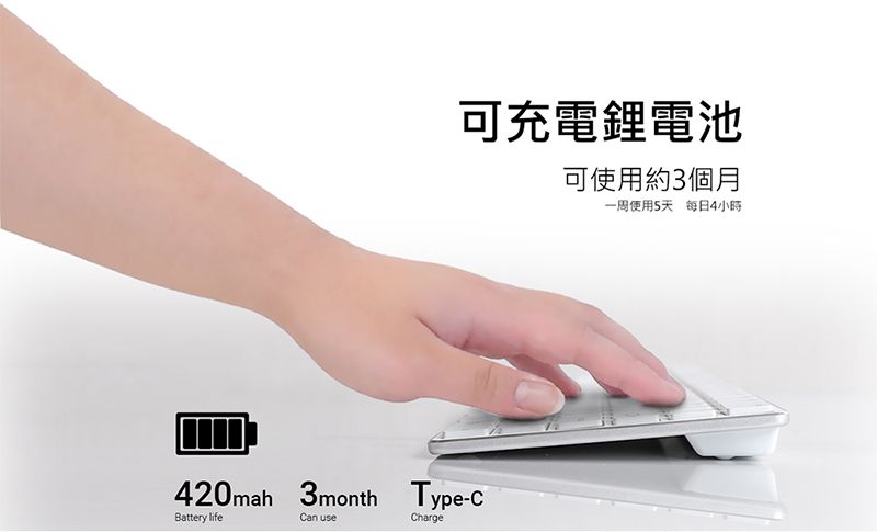 可充電鋰電池420mah 3month Type-CBattery lifeCan useCharge可使用約3個月一周使用5天 每日4小時