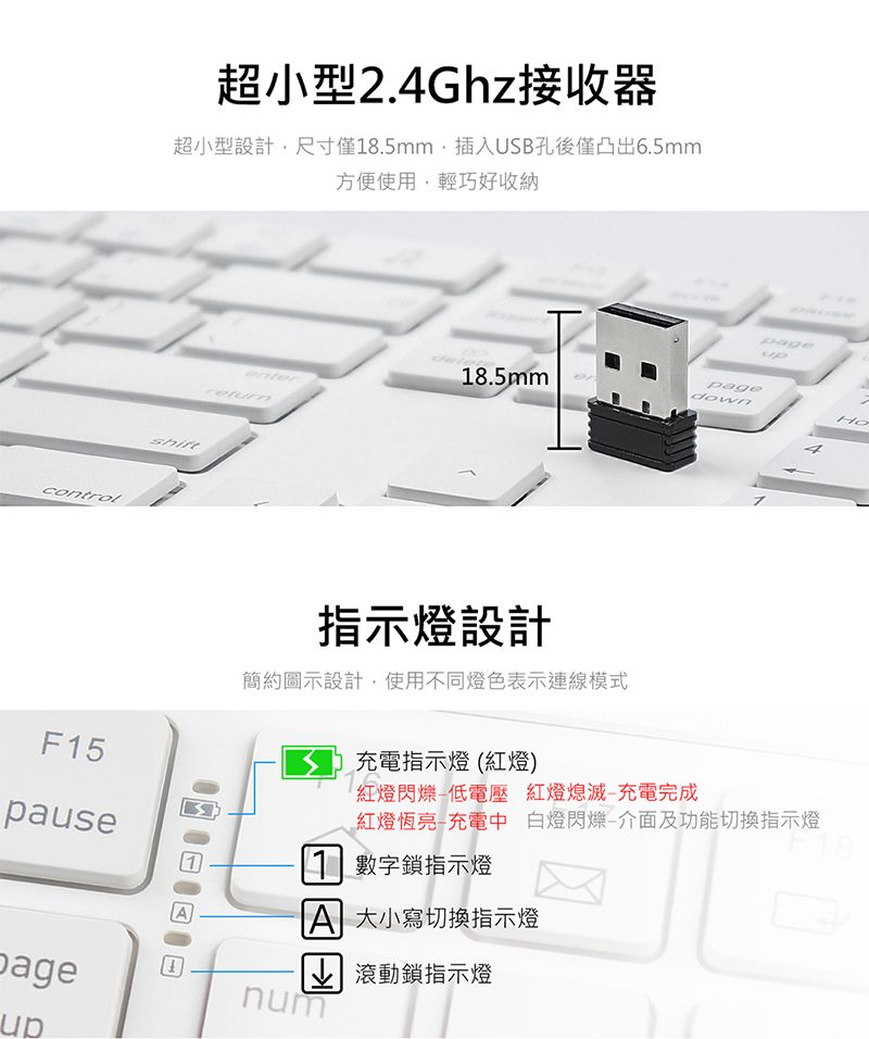 超小型2.4Ghz接收器超小型設計尺寸僅18.5mm插入USB孔後僅凸出6.5mm方便使用,輕巧好收納shift18.5mmdownenterreturnpageHoF15pause指示燈設計簡約圖示設計,使用不同燈色表示連線模式充電指示燈(紅燈)紅燈低電壓 紅燈熄滅充電完成紅燈恆亮-充電中 白燈閃爍-及功能切換指示燈1 數字鎖指示燈 大小寫切換指示燈page滾動鎖指示燈num
