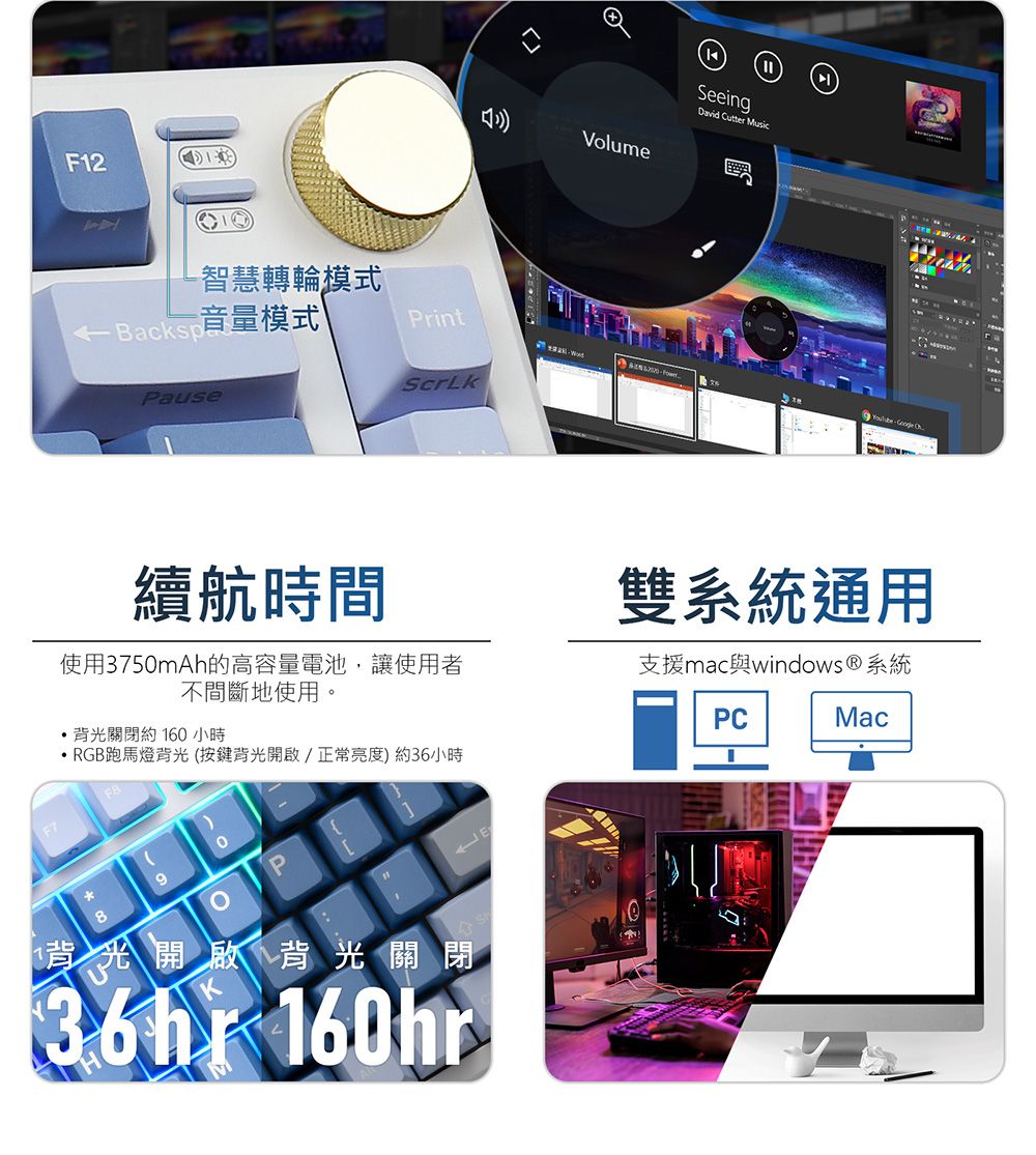 F12-智慧轉輪模式PrintBackspPause續航時間使用3750mAh的高容量電池,讓使用者不間斷地使用。背光關閉約160小時RGB跑馬燈背光(按鍵背光開啟/正常亮度)約36小時*890P背開啟 背光關閉 160hrEVolumeSeeingDavid Cutter Music雙系統通用支援mac與windows®系統PCMac