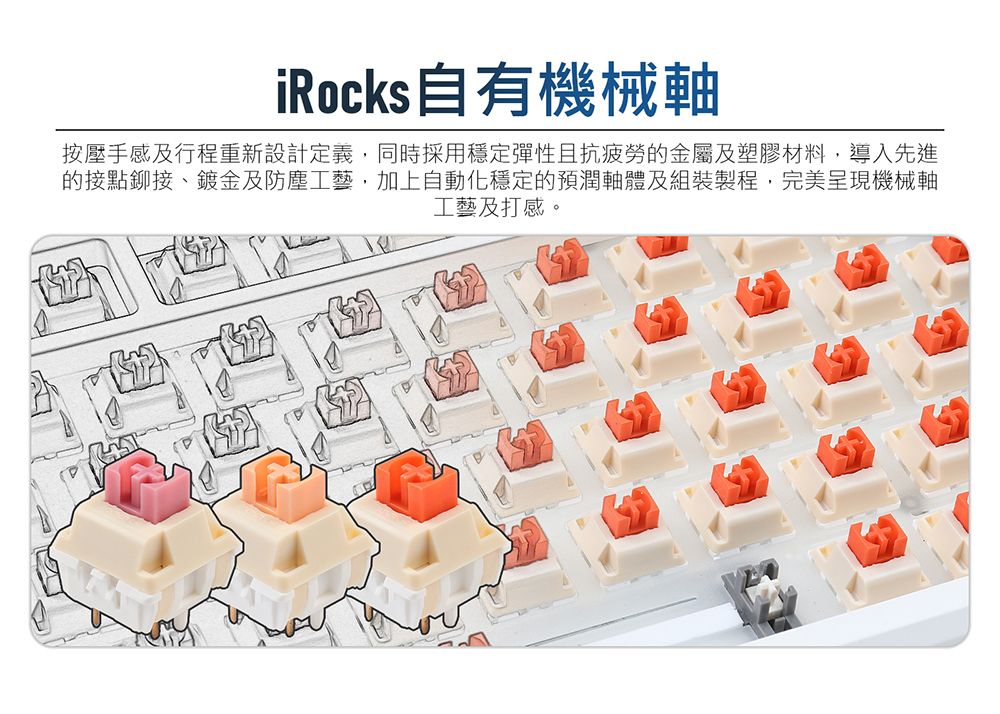 iRocks自有機械按壓手感及行程重新設計定義,同時採用穩定彈性且抗疲勞的金屬及塑膠材料,導入先進的接點鉚接、鍍金及防塵工藝,加上自動化穩定的預潤軸體及組裝製程,完美呈現機械軸工藝及打感。