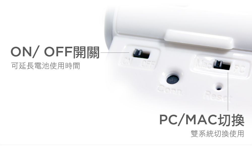 /OFF開關ON OFF可延長電池使用時間.PC/MAC切換雙系統切換使用