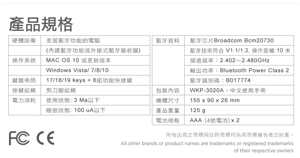 產品規格硬體設備支援藍芽功能的電腦藍芽資料藍芽芯片Broadcom Bcm20730(內建藍芽功能或外接式藍芽接收器)操作系統MAC OS 10或更新版本藍芽技術符合 V1.1/1.2,操作距離:10米頻道頻率:2.402~2.480GHzWindows Vista/7/8/10鍵盤佈局17/18/19 keys+8組功能快捷鍵輸出功率:Bluetooth Power Class 2藍芽識別碼:B017774按鍵結構剪刀腳結構包裝內容WKP-3020A、中文使用手冊電力消耗使用狀態: 3 Ma以下機體尺寸155 x 90 x 26mm睡眠狀態:100 uA以下產品重量125g 電池規格AAA(4號電池)x2 所有出現之商標與註冊商標均為其商標擁有者之財產。All other brands or product names are trademarks or registered trademarksof their respective owners