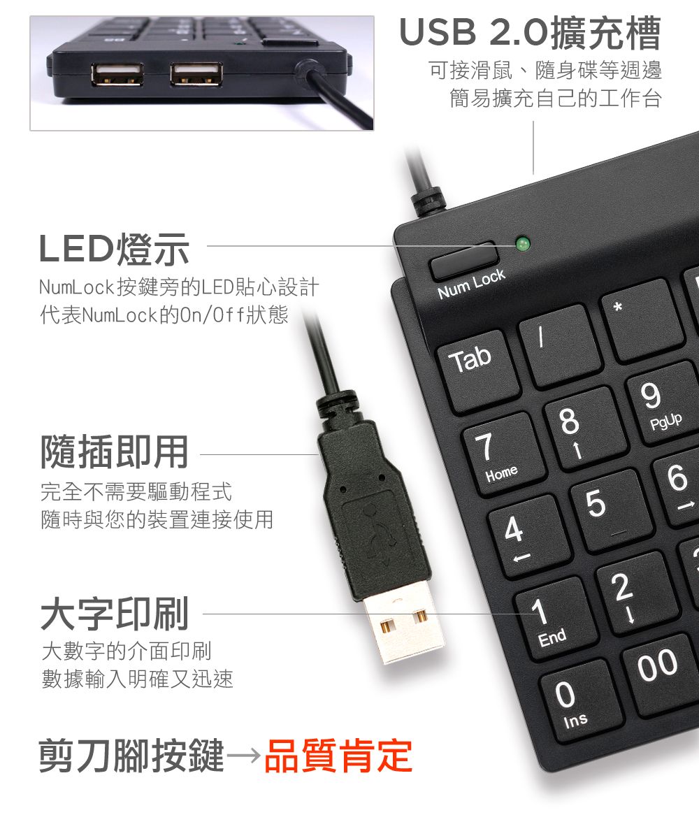 USB 2.0擴充槽可接滑鼠、隨身碟等週邊簡易擴充自己的工作台LED燈示NumLock按鍵旁的LED貼心設計代表NumLock的Off狀態Num Lock隨插即用Tab完全不需要驅動程式隨時與您的裝置連接使用7Home4大字印刷/9PUp56大數字的介面印刷-數據輸入明確又迅速1End2剪刀腳按鍵 品質肯定000gIns