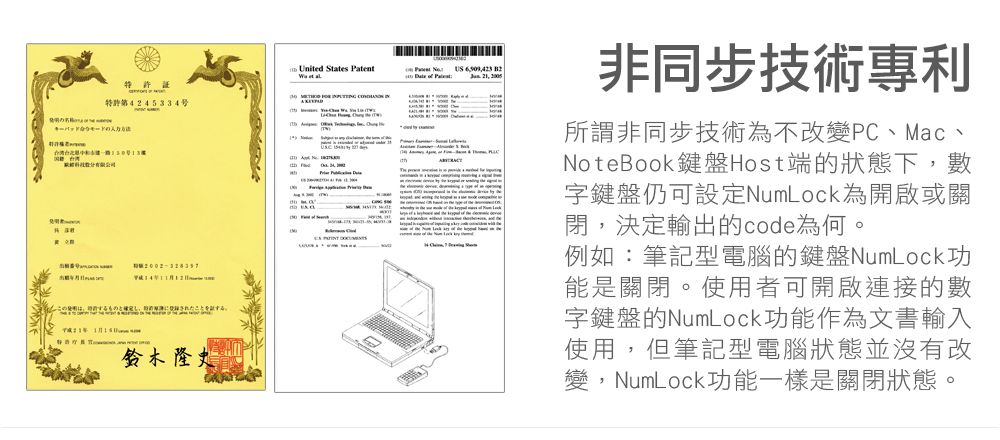 特第4245334号鈴木隆史United States Patent        of   非同步技術專利所謂非同步技術為不改變PC、Mac、NoteBook鍵盤Host端的狀態下,數字鍵盤仍可設定NumLock為開啟或關閉,決定輸出的code為何。例如:筆記型電腦的鍵盤NumLock功能是關閉。使用者可開啟連接的數字鍵盤的NumLock功能作為文書輸入使用,但筆記型電腦狀態並沒有改變,NumLock功能一樣是關閉狀態。この