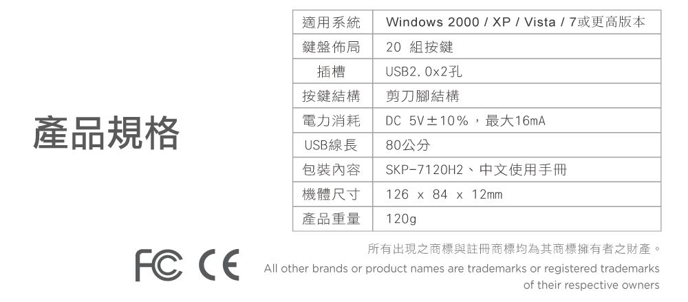 適用系統鍵盤佈局Windows 2000/XP/Vista/7或更高版本20 組按鍵插槽USB2.0x2孔按鍵結構剪刀腳結構產品規格電力消耗DC 5V±10%,最大16mAUSB線長包裝內容機體尺寸產品重量80公分SKP-7120H2、中文使用手冊126 x 84 x 12mm120gp 所有出現之商標與註冊商標均為其商標擁有者之財產。All other brands or product names are trademarks or registered trademarksof their respective owners