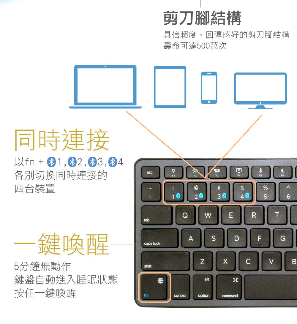 同時連接以fn+ 各別切換同時連接的四台裝置剪刀腳結構具信賴度、彈感好的剪刀腳結構壽命可達500萬次 escF1FF 23回F4$%5QWERTtab66一鍵喚醒5分鐘無動作鍵盤自動進入睡眠狀態按任一鍵喚醒Acaps lockSDFGZCBshiftaltfncontroloptioncommand