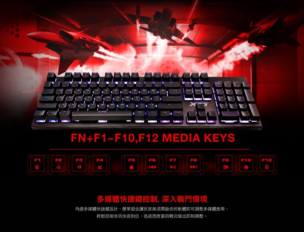 F1F2+F1~F10,F12 MEDIA KEYSF3F4F5F7多媒體快捷鍵控制,深入戰鬥情境內建多媒體快捷鍵設計,簡單組合讓玩家無須開啟任何軟體即可調整多媒體應用,輕鬆控制音訊快速到位,迅速因應當前戰況做出即刻調整。F10F12