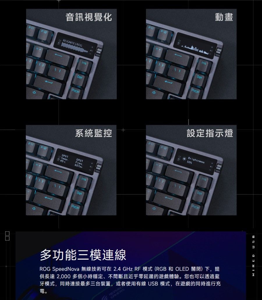 音訊視覺化REIGNITE   ROG□□系統監控F12Del動畫設定指示燈F12Brightness50Del多功能三模連線ROG SpeedNova 無線技術可在2.4 GHz RF 模式(RGB 和 OLED 關閉)下,提供長達2,000多個小時穩定、不間斷且近乎零延遲的遊戲體驗。您也可以透過藍牙模式,同時連接最多三台裝置,或者使用有線 USB模式,在遊戲的同時進行充電。 USB