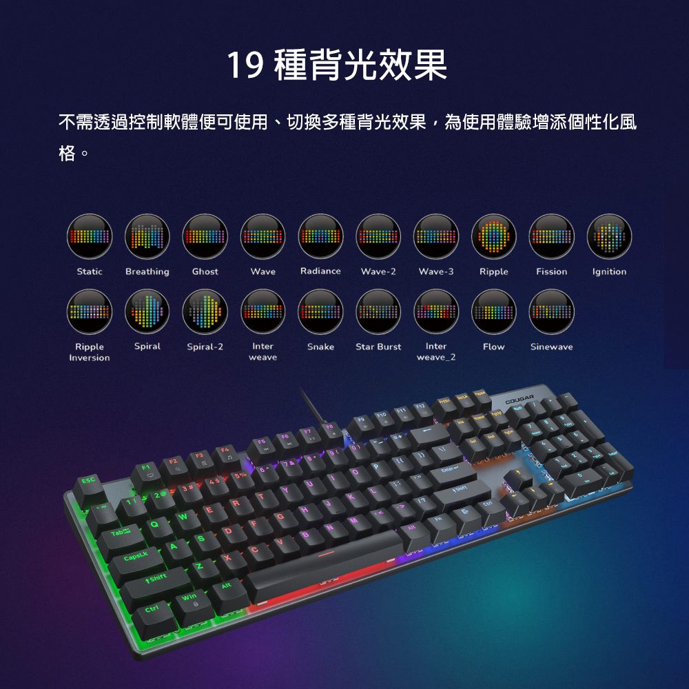 格。9種背光效果不需透過控制軟體便可使用、切換多種背光效果為使用體驗增添個性化風taticBreathing GhostWaveRadianceWave2Wave-3RippleFissionIgnitionRippleInversionSpiralSpiral-2InterSnakeStar BursteaveInterweave_2FlowSinewaveESCTab3wAS1 -CtriWinShift