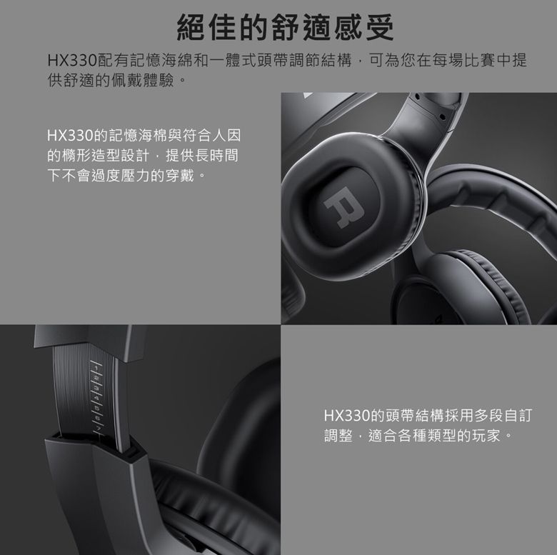 絕佳的舒適感受HX330配有記憶海綿和一體式頭帶調節結構可為您在每場比賽中提供舒適的佩戴體驗。HX330的記憶海棉與符合人因的橢形造型設計,提供長時間下不會過度壓力的穿戴。刀HX330的頭帶結構採用多段自訂調整,適合各種類型的玩家。
