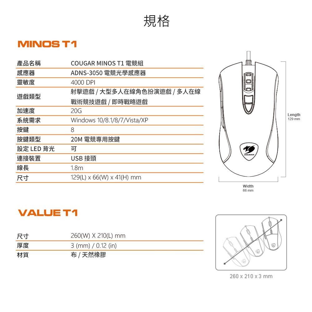 MINOS T1規格 MINOS T1 電組ANS-3050 電競光學感應器4000 DPI射擊遊戲/大型多人在線角色扮演遊戲/多人在線戰術競技遊戲/即時戰略遊戲20GWindows 10/8.1/8/7/Vista/XP20M 電競專用按鍵USB 接頭1.8m129(L)  66(W)  41(H) 產品名稱感應器靈敏度遊戲類型加速度系統需求按鍵8按鍵類型設定 LED 背光可連接裝置線長尺寸VALUE T1260(W) X 210(L) 尺寸厚度材質布/天然橡膠3 (mm)/0.12 (in)DCOUGARWidth66 mm260 x 210 x 3 mmLength129 mm